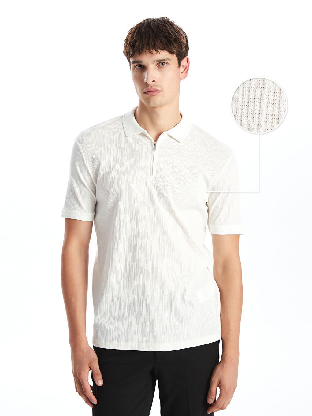 Ekru Polo Yaka Kısa Kollu Erkek Dokulu Tişört