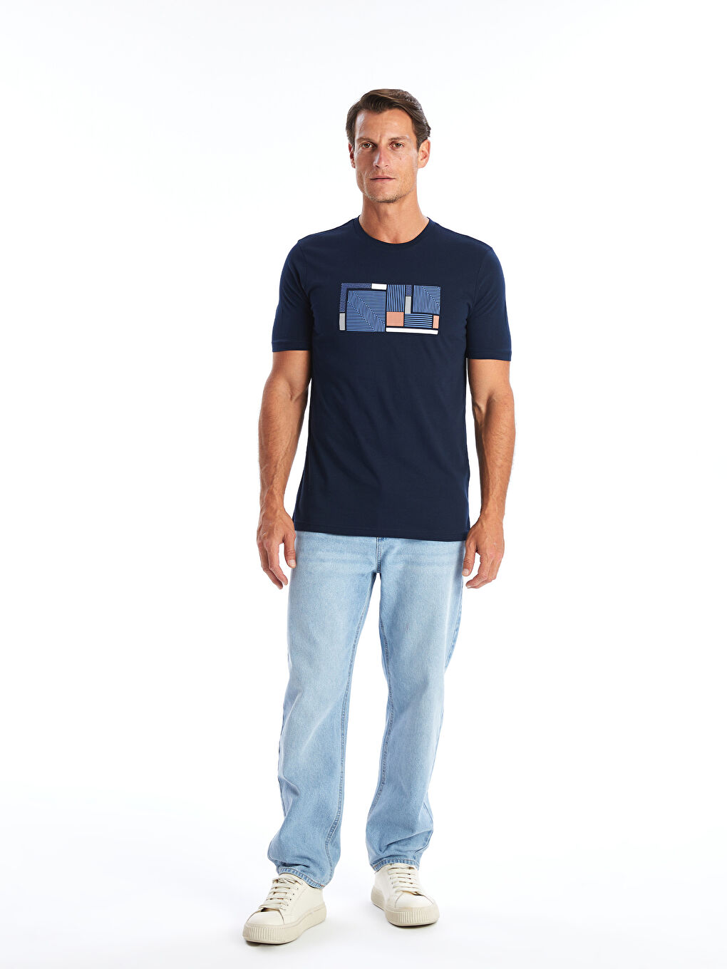 მრგვალი საყელო მოკლე სახელო ნაბეჭდი კომბინირებული ბამბის მამაკაცის მაისური-1