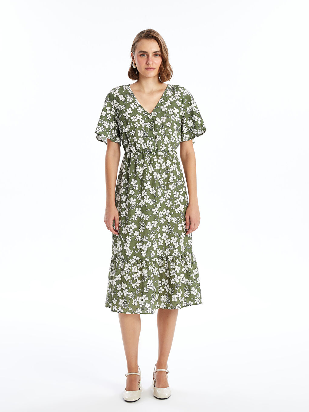 V Neck Flower Short Sleeve Women's Dress -S4O796Z8-LRR