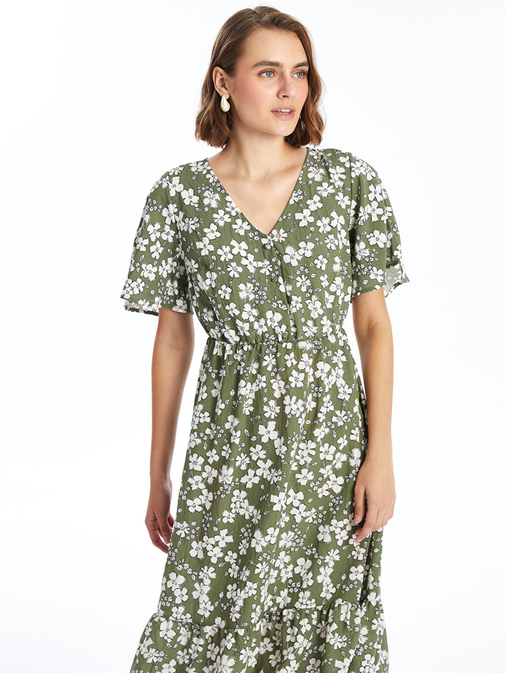 V Neck Flower Short Sleeve Women's Dress -S4O796Z8-LRR