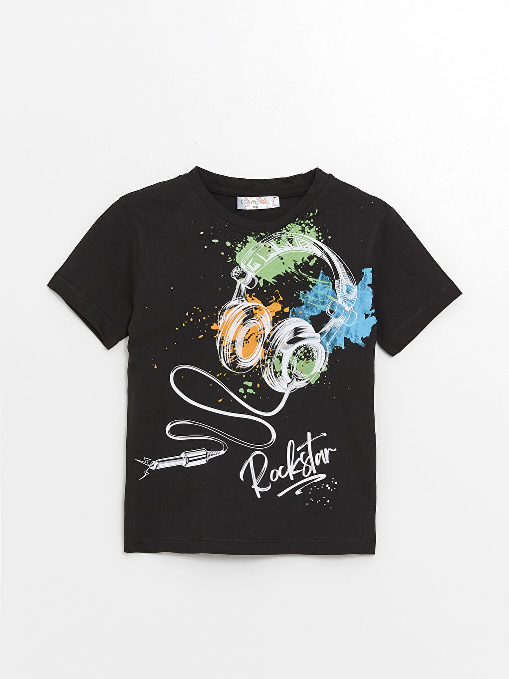 Siyah Bisiklet Yaka Baskılı Erkek Çocuk Tişört