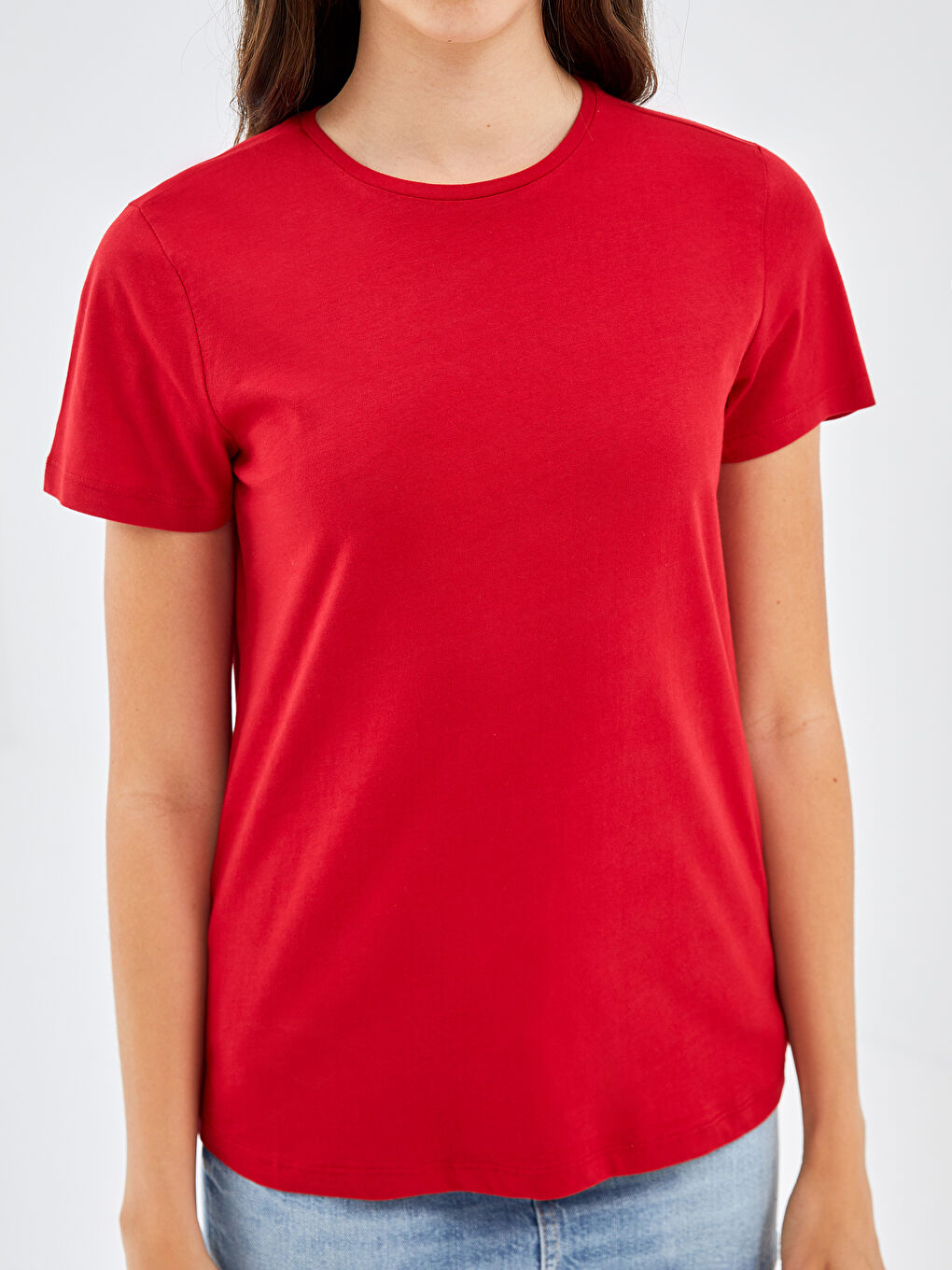Kırmızı Bisiklet Yaka Düz Kısa Kollu Kadın Tişört-2