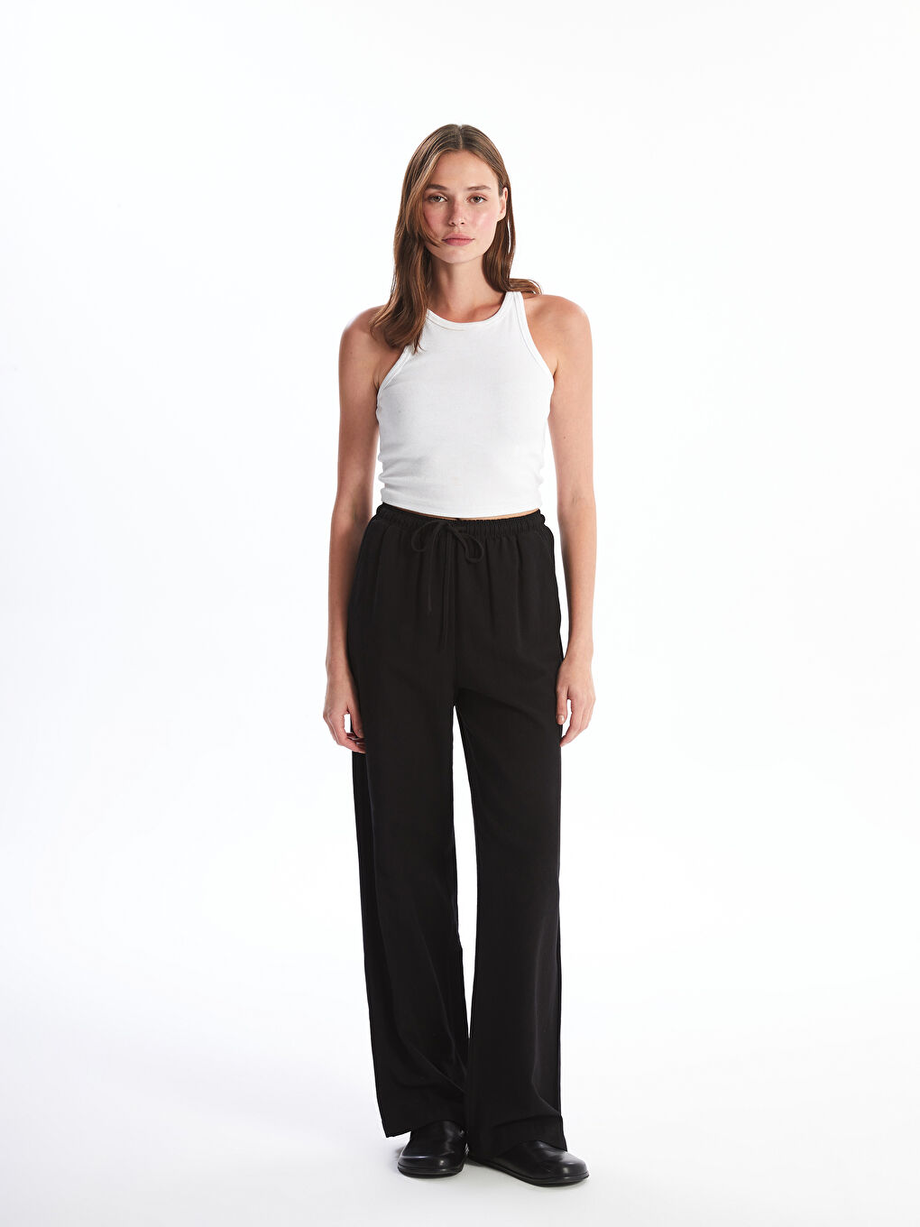 Siyah Beli Lastikli Düz Keten Karışımlı Kadın Pantolon