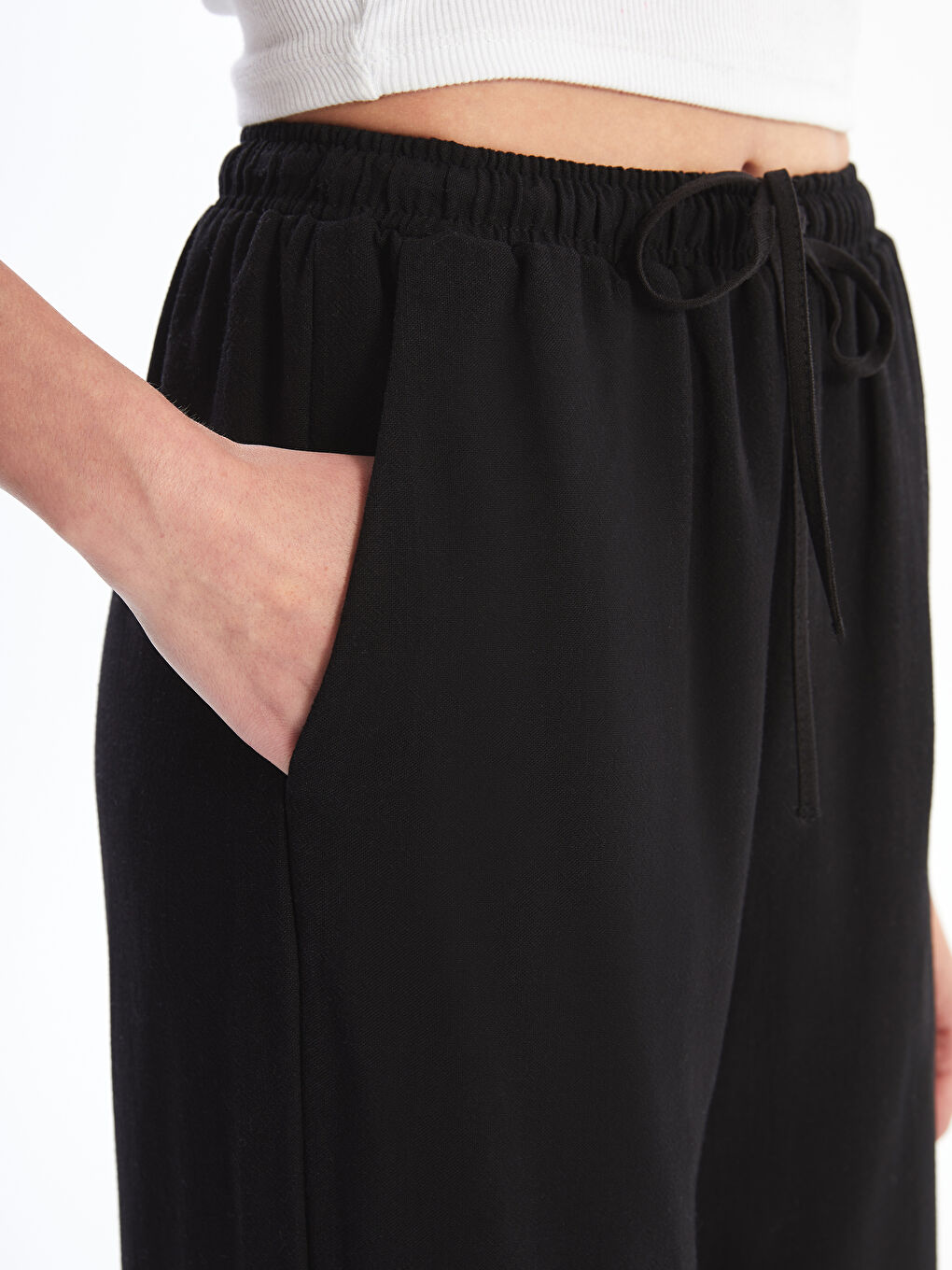 Siyah Beli Lastikli Düz Keten Karışımlı Kadın Pantolon-2