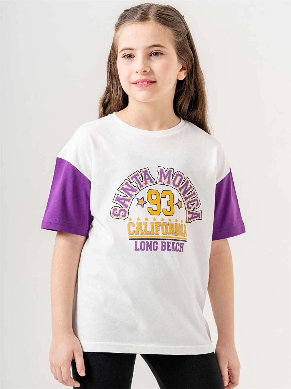 Mor Bisiklet Yaka Baskılı Kız Çocuk Tişört-1