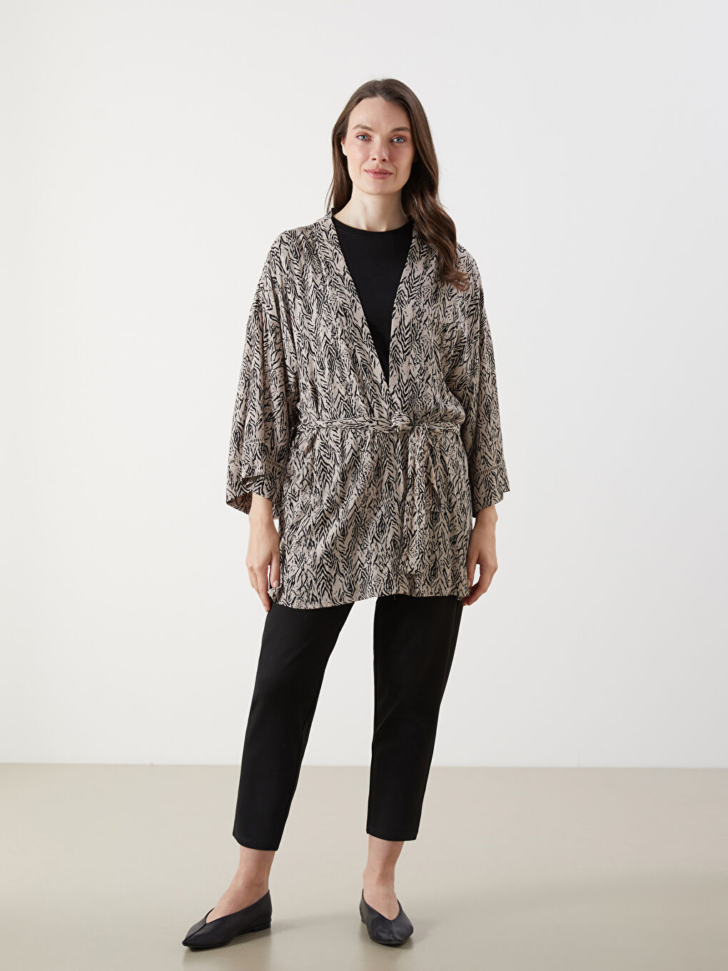 Shawl Collar Patterned Long Sleeve Oversize Women's Kimono -S4O901Z8-LRA