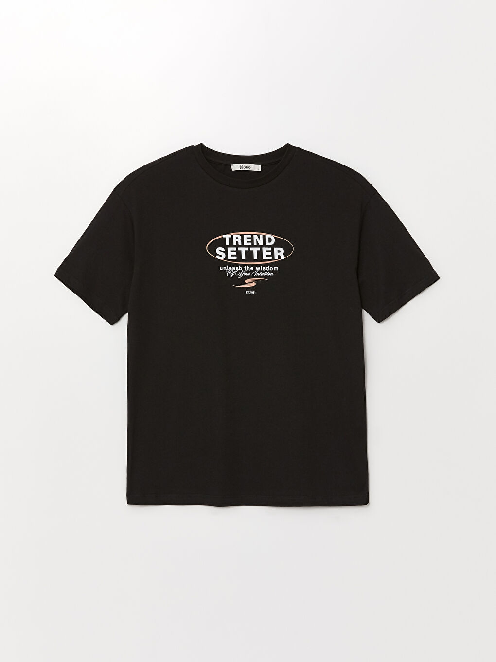 Siyah Bisiklet Yaka Baskılı Kısa Kollu Kadın Tişört-4