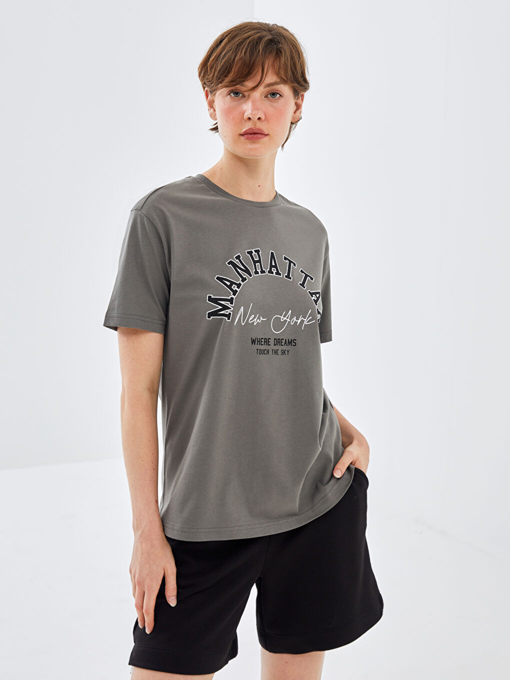 Antrasit Bisiklet Yaka Baskılı Kısa Kollu Oversize Kadın Tişört