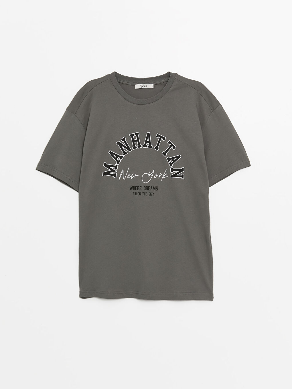 Antrasit Bisiklet Yaka Baskılı Kısa Kollu Oversize Kadın Tişört-4