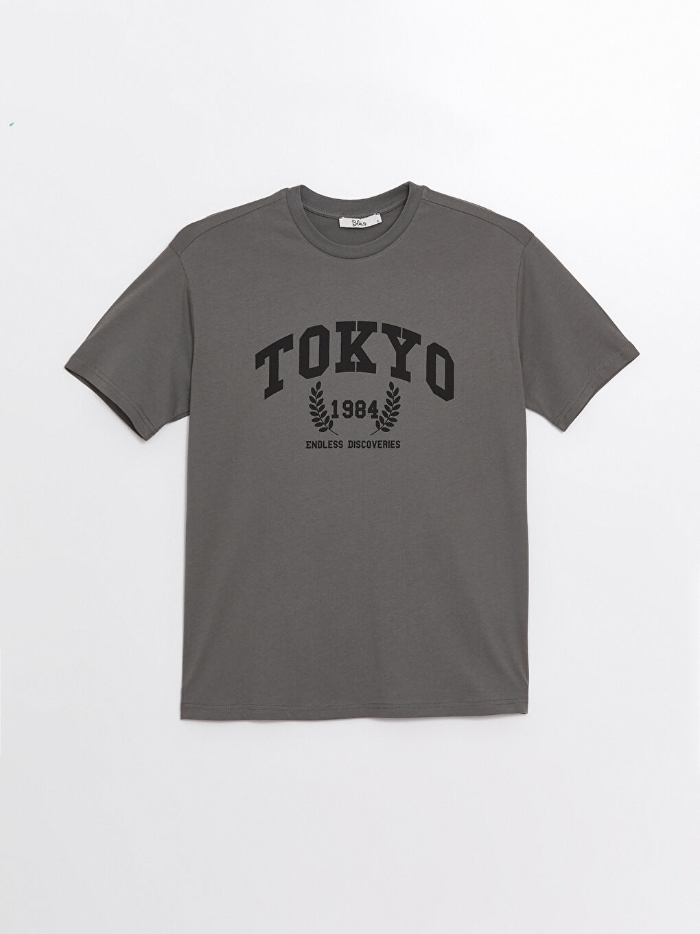 Antrasit Bisiklet Yaka Baskılı Kısa Kollu Oversize Kadın Tişört-4