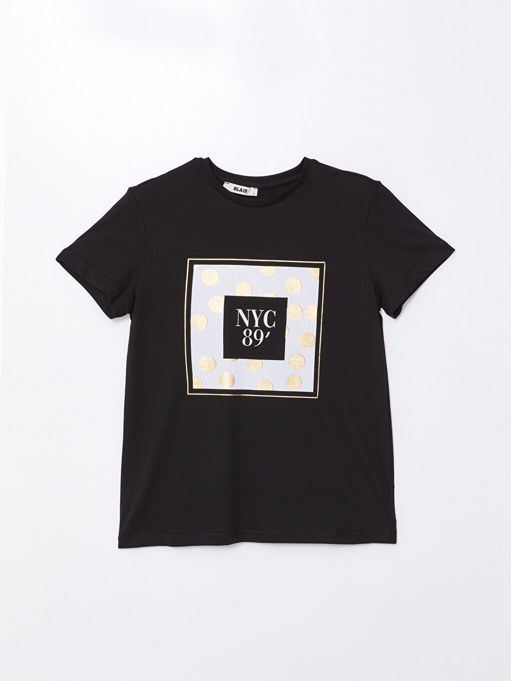 Siyah Bisiklet Yaka Baskılı Kısa Kollu Kadın Tişört-4