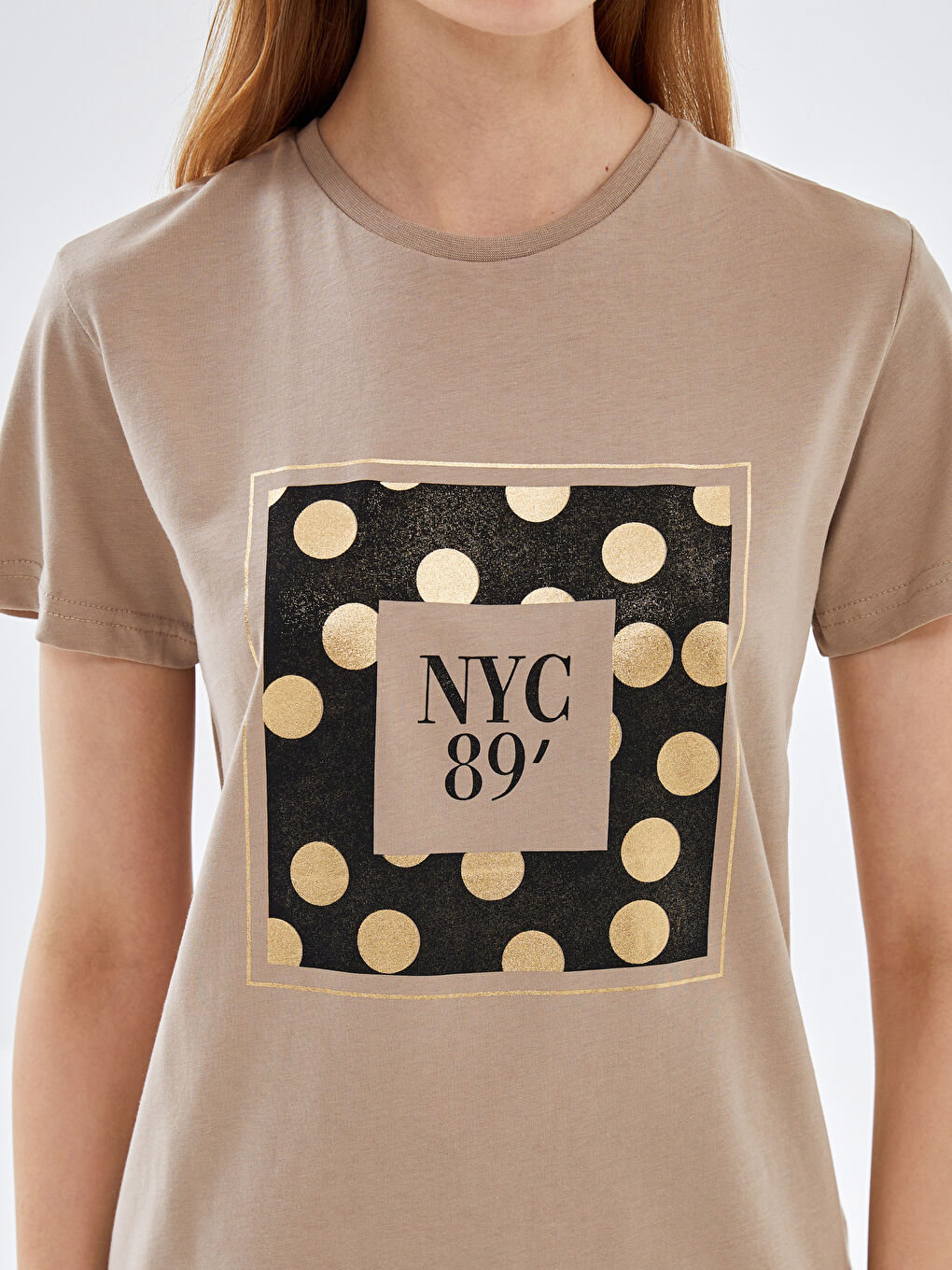 Kahverengi Bisiklet Yaka Baskılı Kısa Kollu Kadın Tişört-2