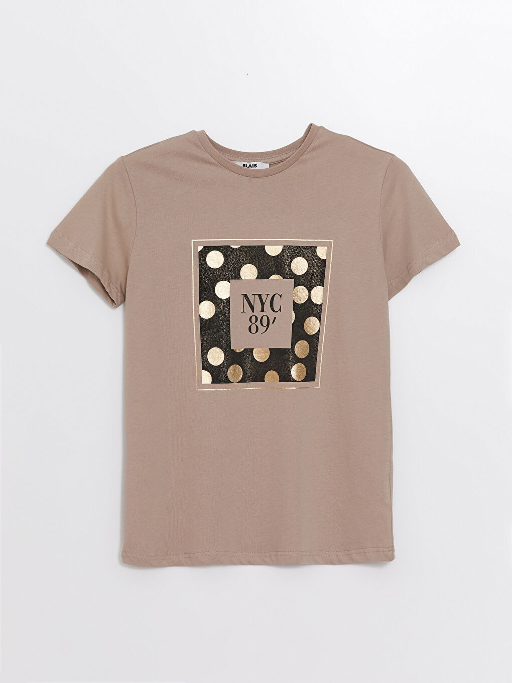 Kahverengi Bisiklet Yaka Baskılı Kısa Kollu Kadın Tişört-4