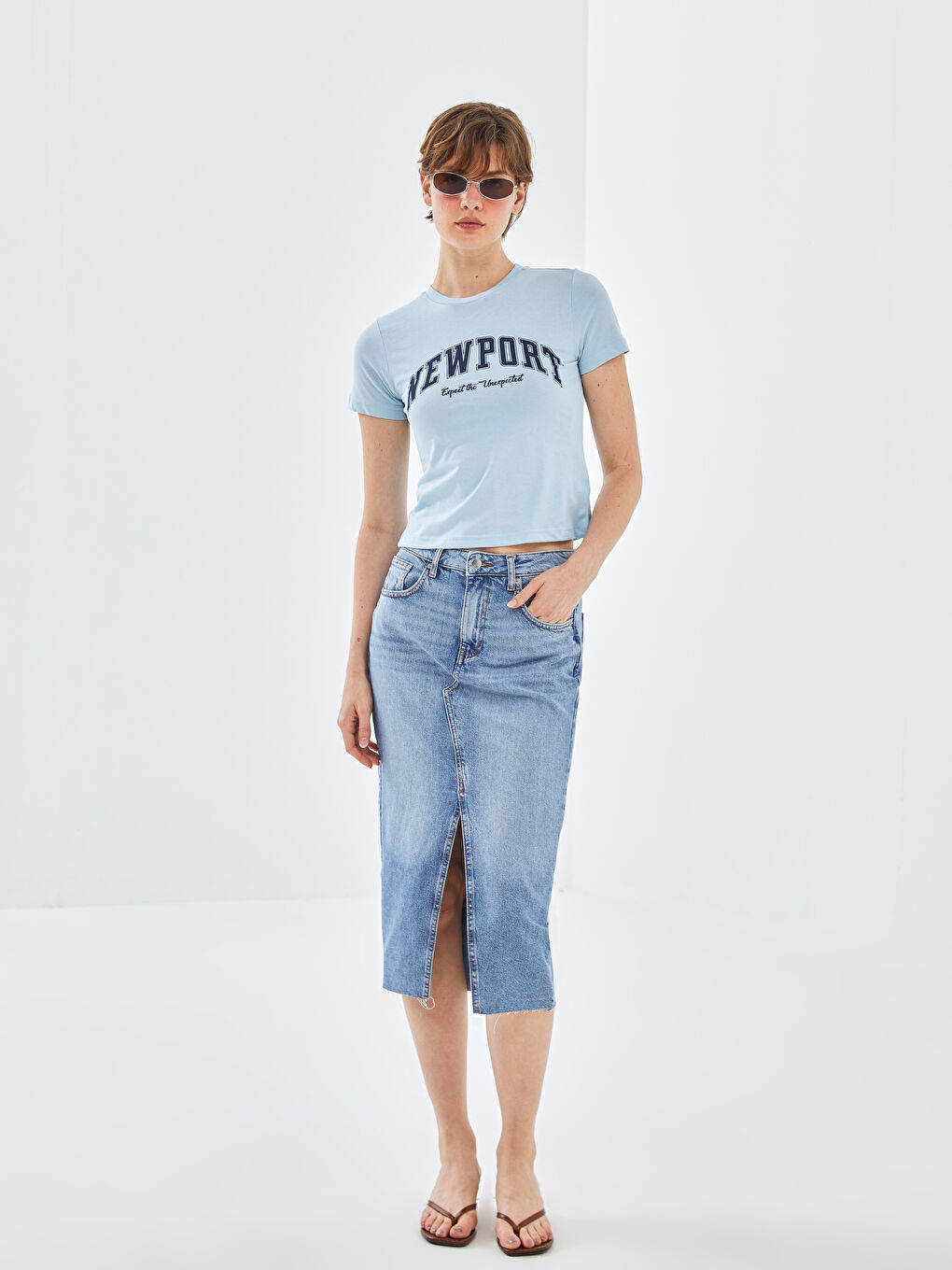 Mavi Bisiklet Yaka Baskılı Kısa Kollu Kadın Tişört-1