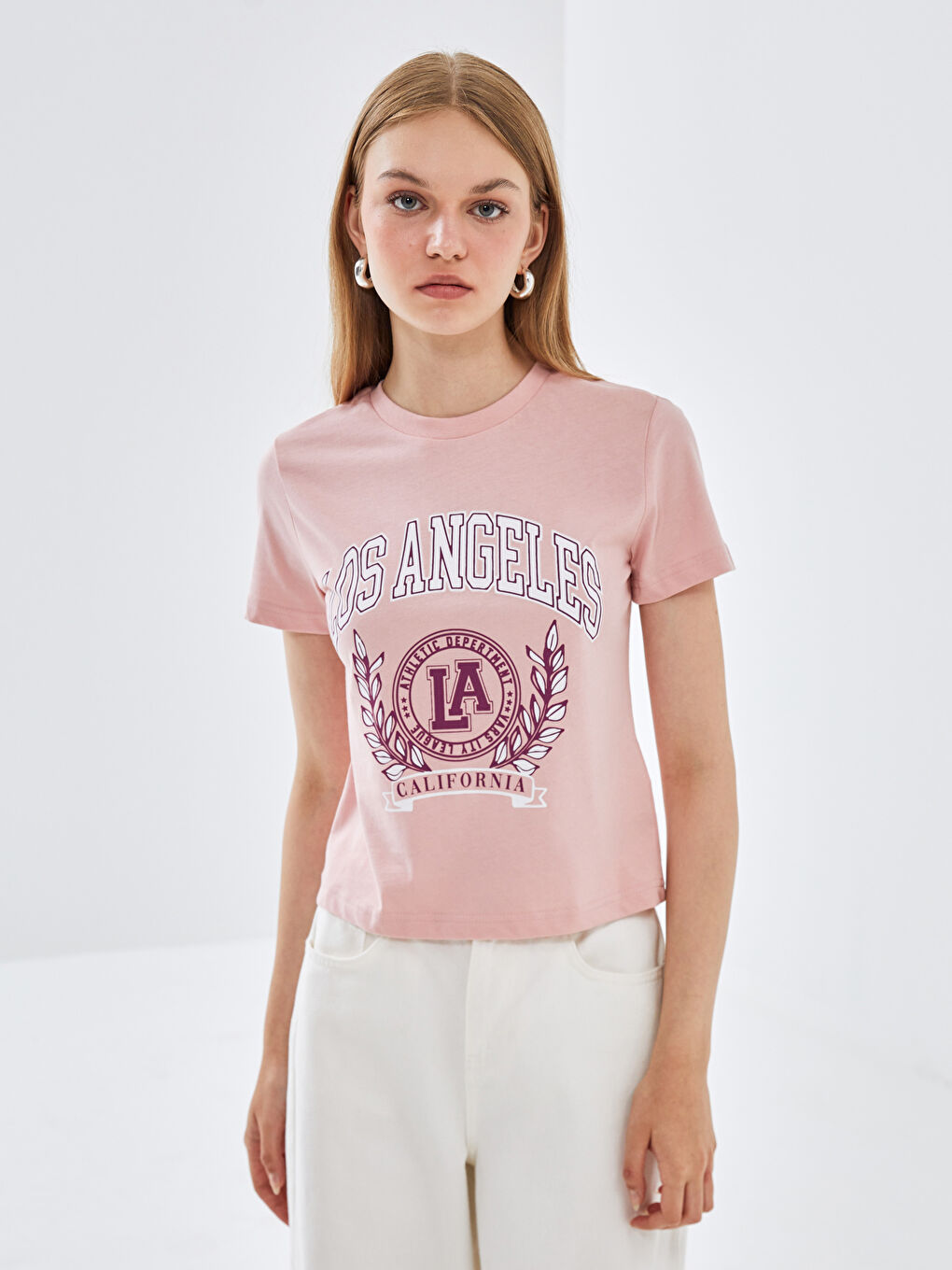 Pembe Bisiklet Yaka Baskılı Kısa Kollu Kadın Tişört