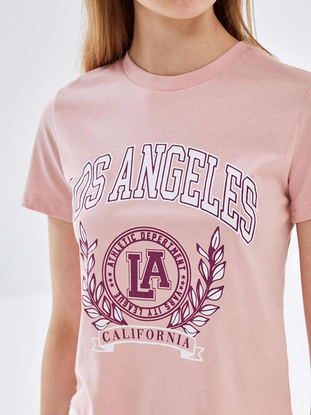 Pembe Bisiklet Yaka Baskılı Kısa Kollu Kadın Tişört-2