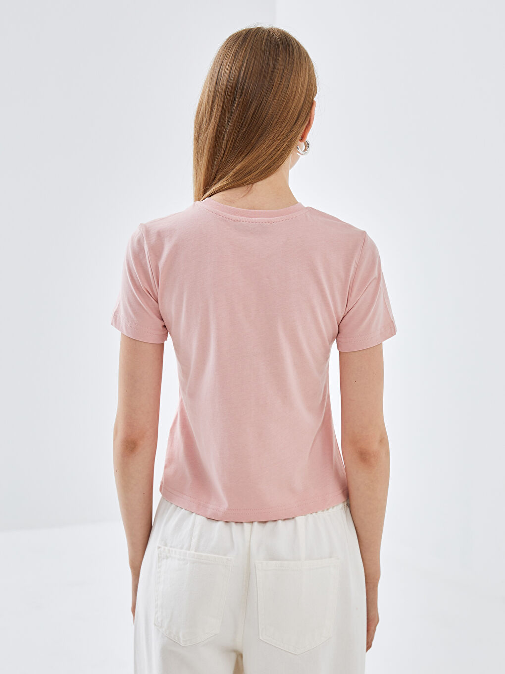 Pembe Bisiklet Yaka Baskılı Kısa Kollu Kadın Tişört-3