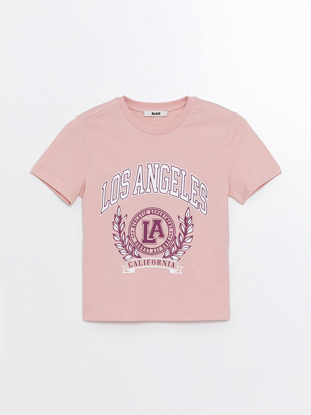 Pembe Bisiklet Yaka Baskılı Kısa Kollu Kadın Tişört-4