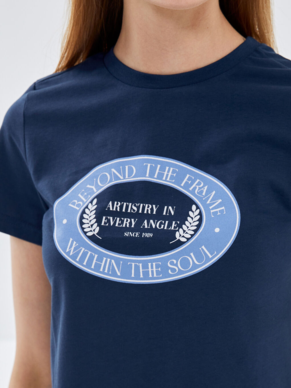 Lacivert Bisiklet Yaka Baskılı Kısa Kollu Kadın Tişört-2