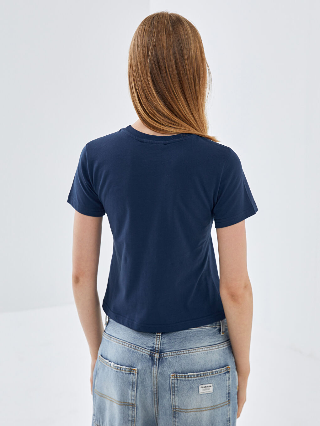 Lacivert Bisiklet Yaka Baskılı Kısa Kollu Kadın Tişört-3