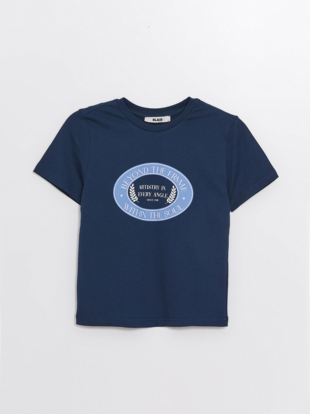Lacivert Bisiklet Yaka Baskılı Kısa Kollu Kadın Tişört-4