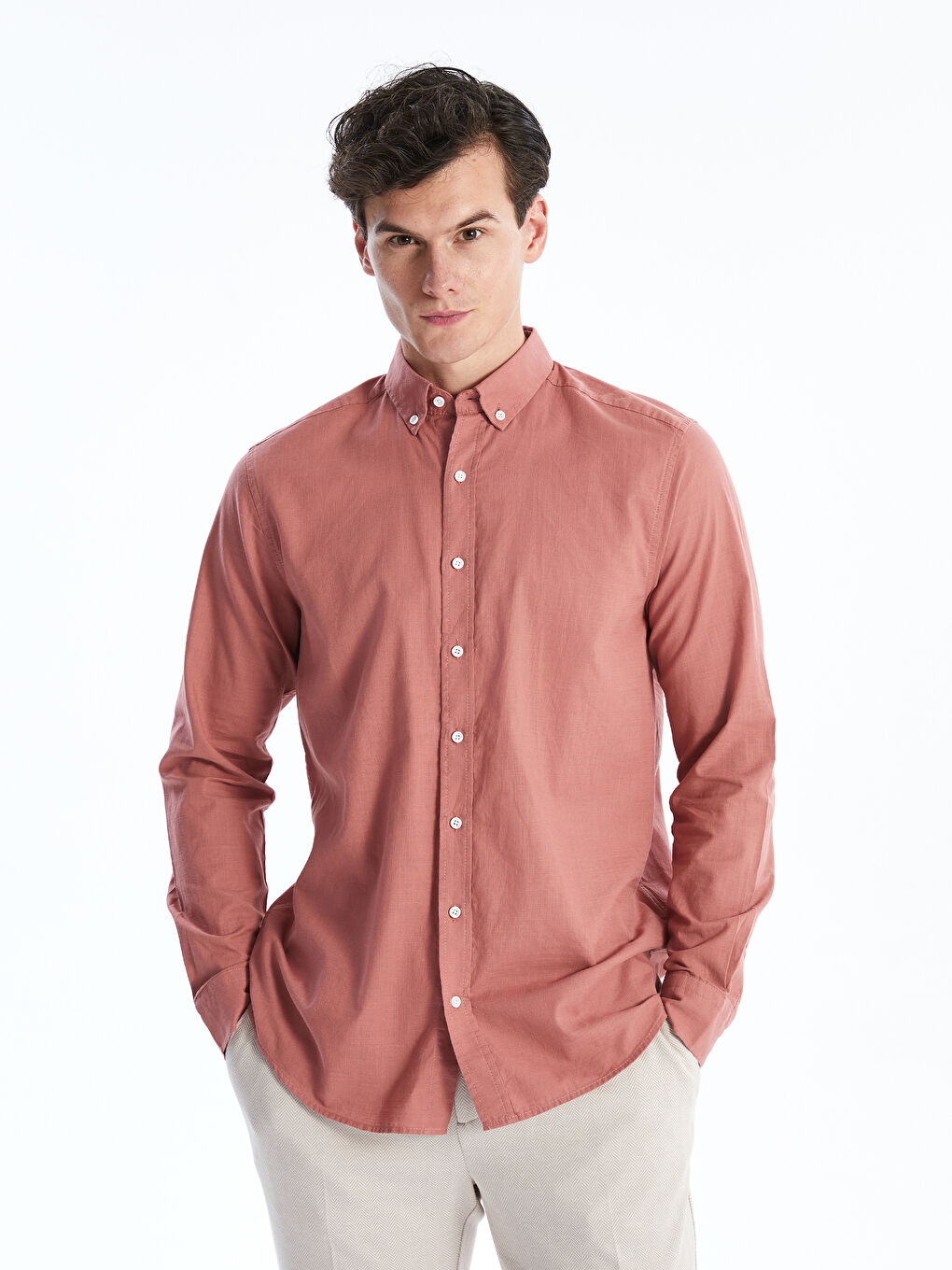 Regular Fit Long Sleeve Poplin Men's Shirt -S4OC30Z8-J3W