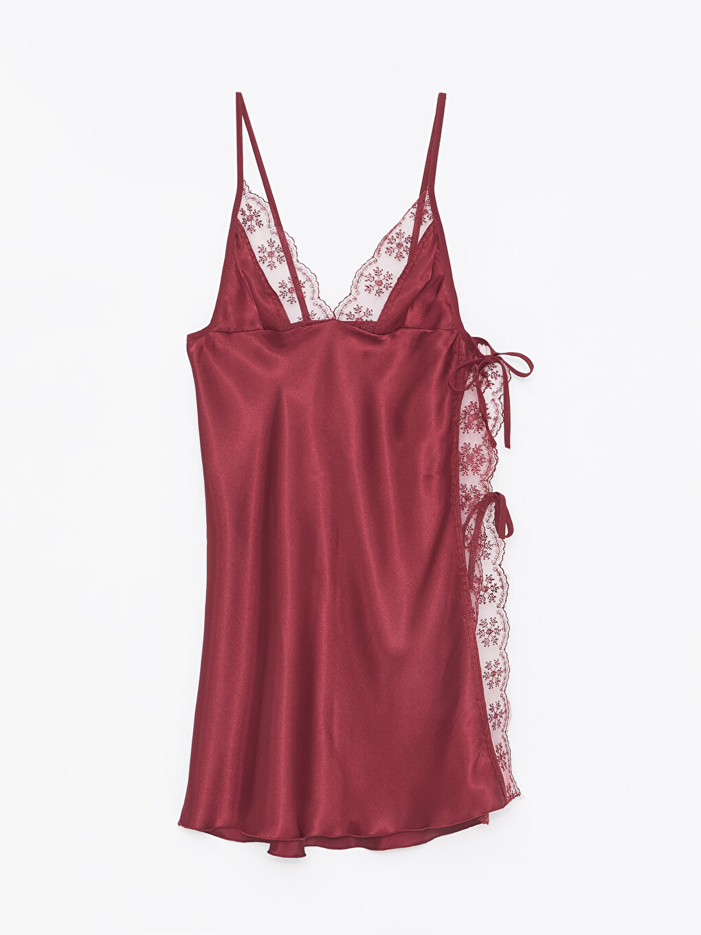 Bordo V Yaka Nakışlı Askılı Kadın Gecelik