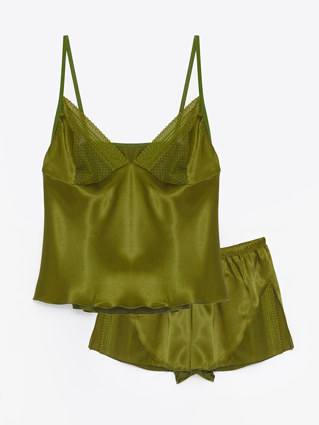 Haki Askılı Nakışlı Kadın Şortlu Pijama Takım