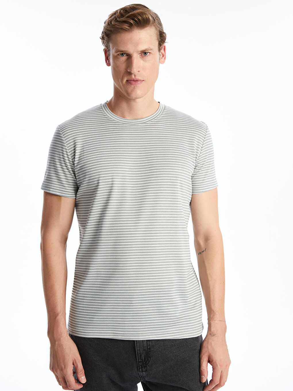 Gri Bisiklet Yaka Kısa Kollu Çizgili Erkek Tişört