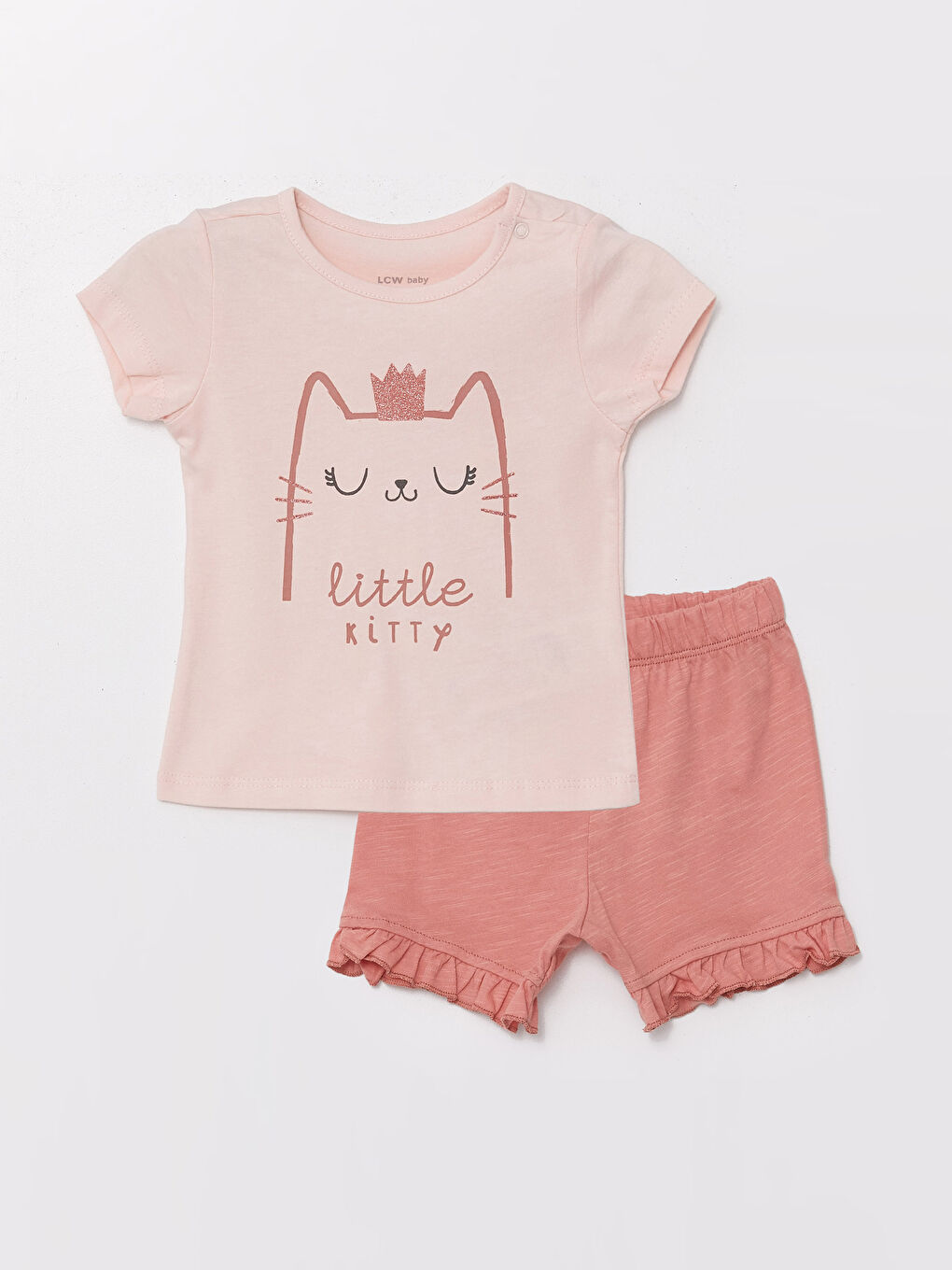 LCW baby Açık Pembe Bisiklet Yaka Kısa Kollu Baskılı Kız Bebek Şortlu Pijama Takımı