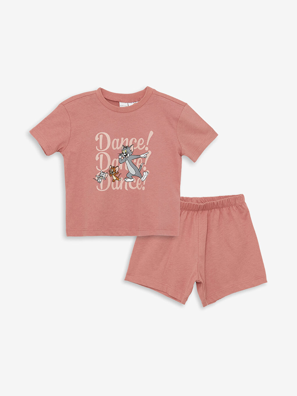 Pembe Bisiklet Yaka Tom ve Jerry Baskılı Kısa Kollu Erkek Bebek Şortlu Pijama Takımı