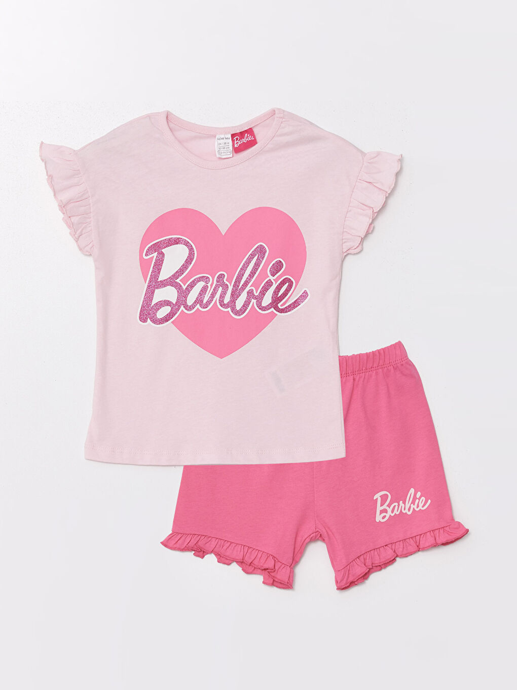 LCW baby Pembe Bisiklet Yaka Kısa Kollu Barbie Baskılı Kız Bebek Şortlu Pijama Takımı