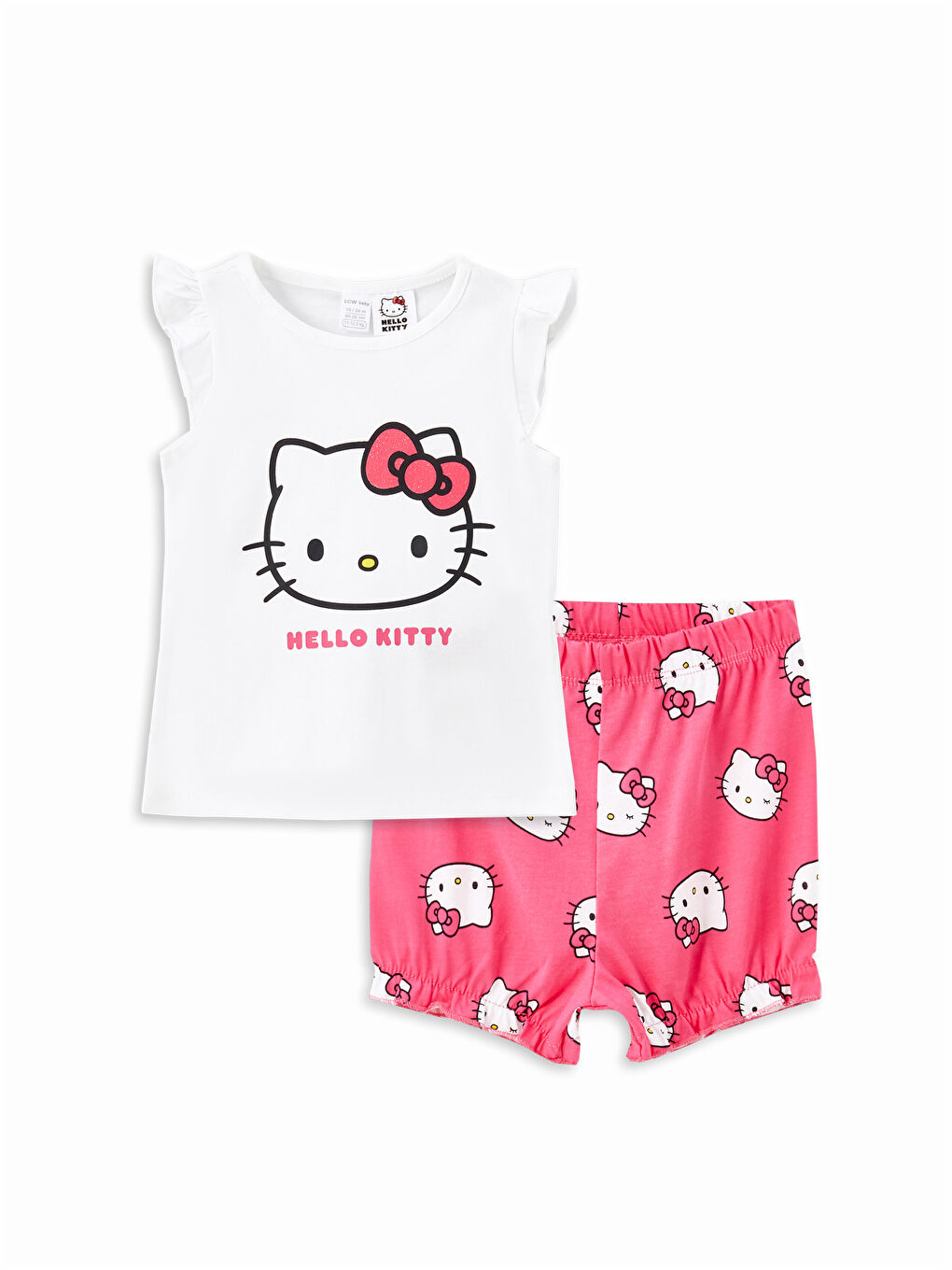 LCW baby Optik Beyaz Bisiklet Yaka Hello Kitty Baskılı Kız Bebek Şortlu Pijama Takımı