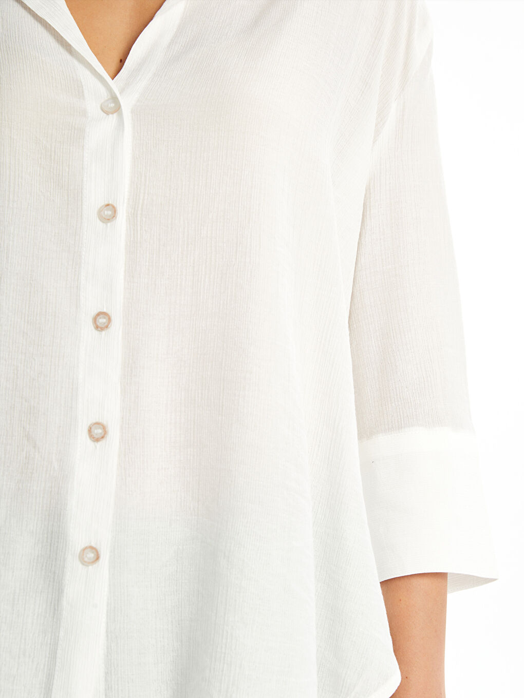 Ekru Düz Uzun Kollu Oversize Kadın Gömlek-2