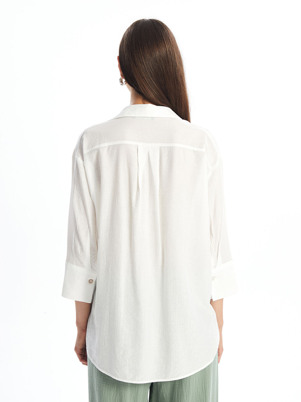 Ekru Düz Uzun Kollu Oversize Kadın Gömlek-3