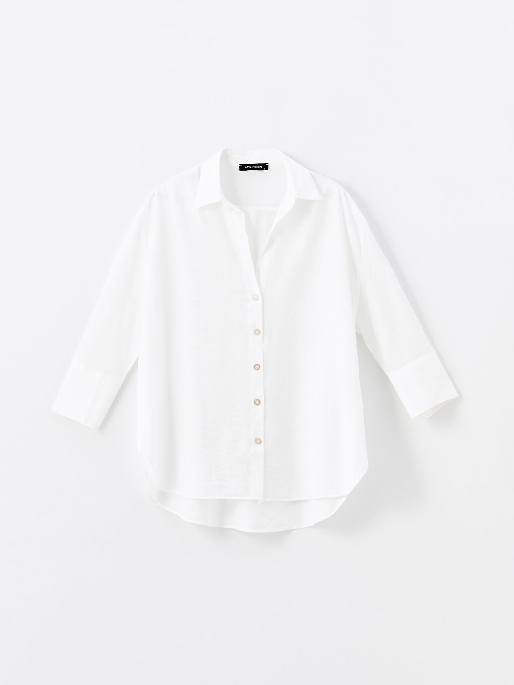 Ekru Düz Uzun Kollu Oversize Kadın Gömlek-4