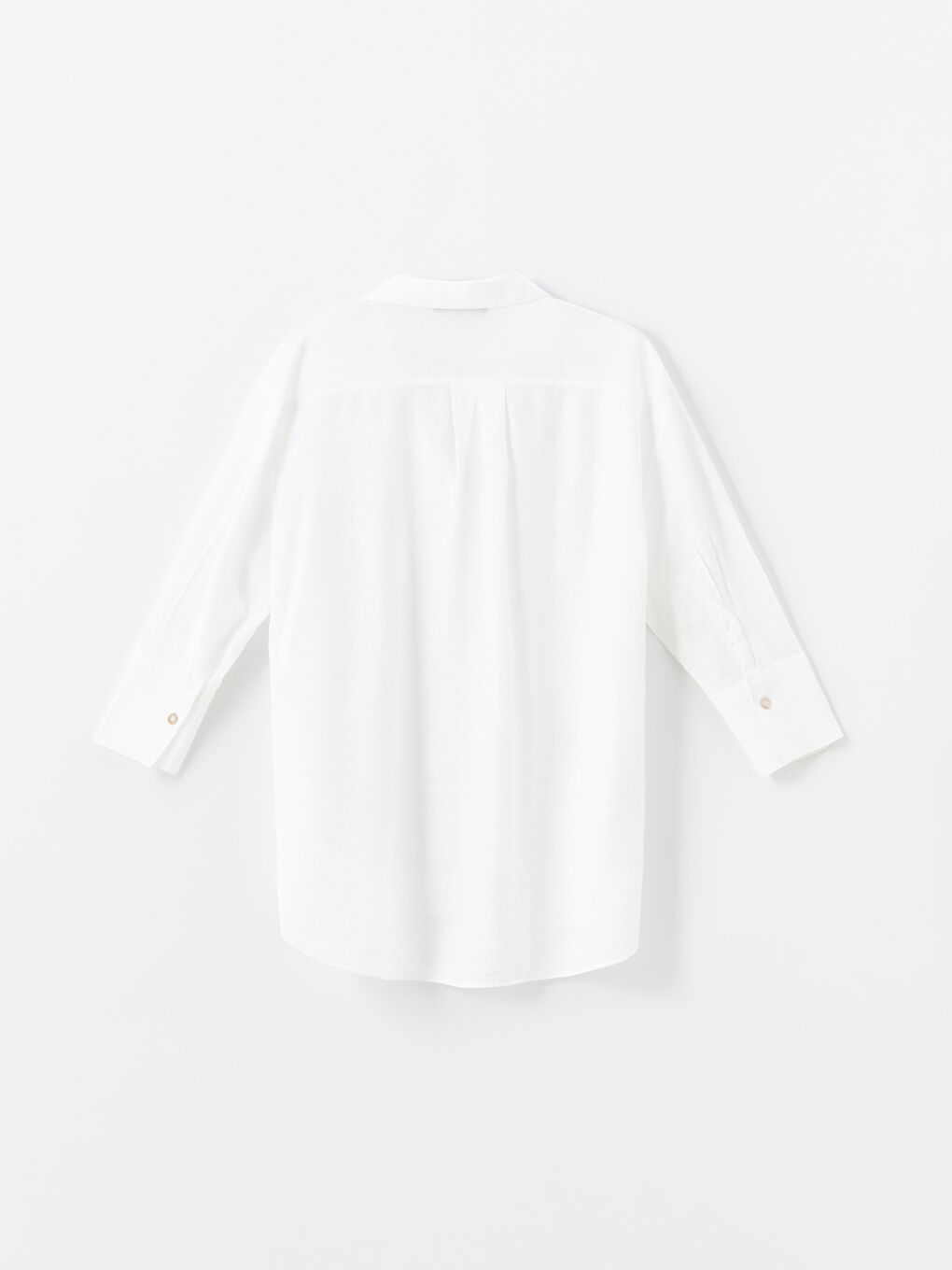 Ekru Düz Uzun Kollu Oversize Kadın Gömlek-5
