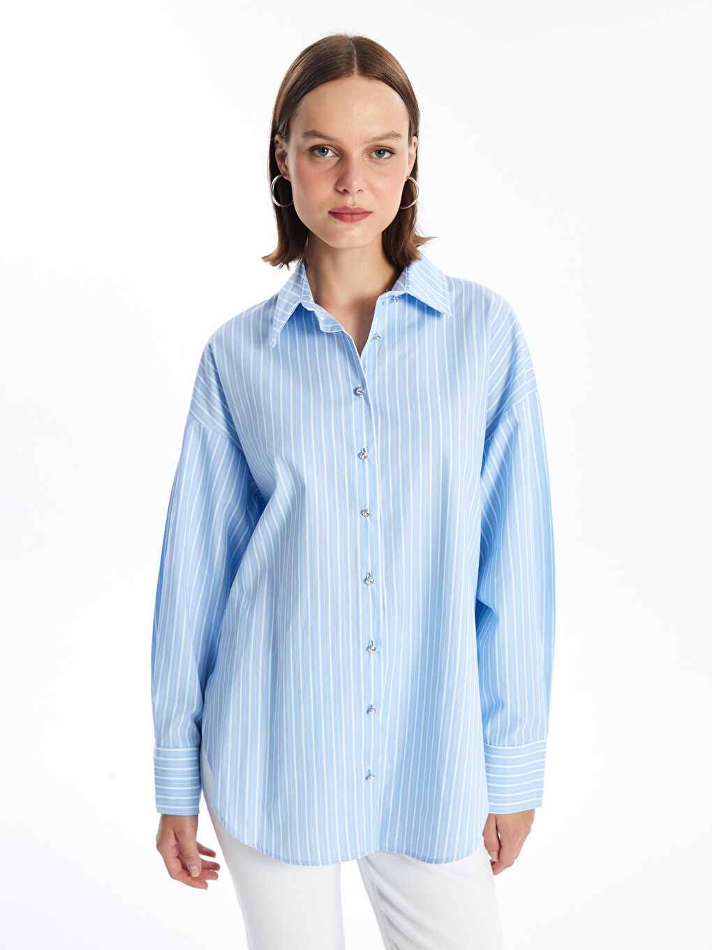 Striped Long Sleeve Oversize Women's Shirt -S4OF86Z8-LEN