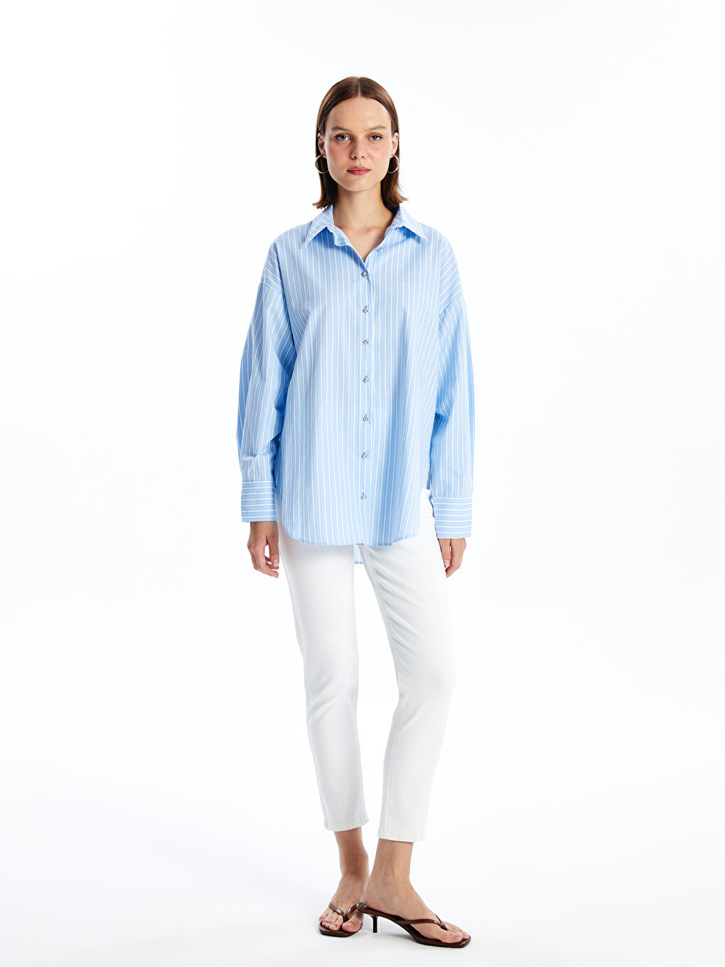 Striped Long Sleeve Oversize Women's Shirt -S4OF86Z8-LEN