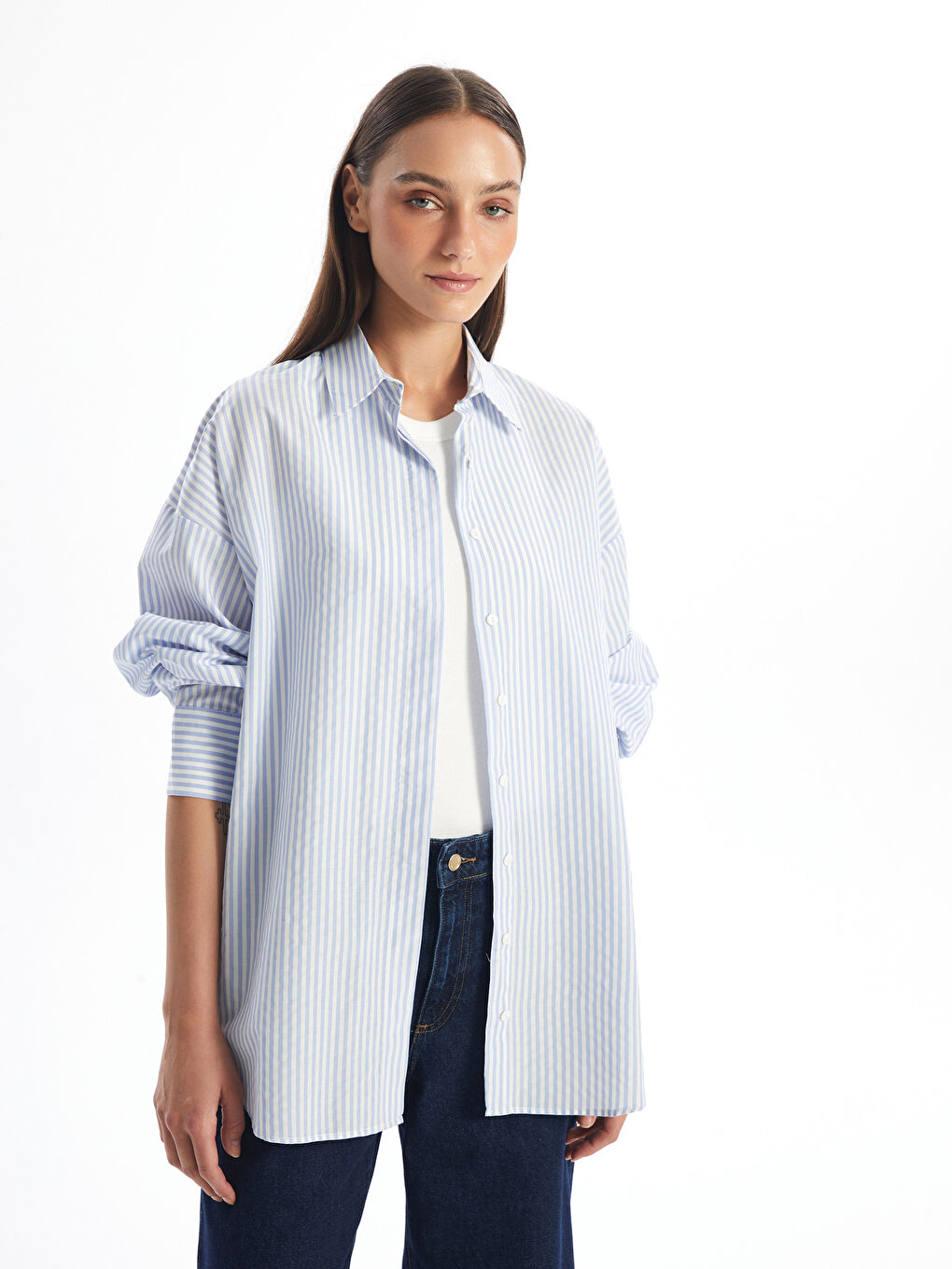 Mavi Çizgili Uzun Kollu Oversize Kadın Gömlek