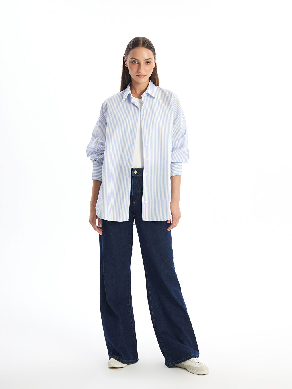 Mavi Çizgili Uzun Kollu Oversize Kadın Gömlek-1