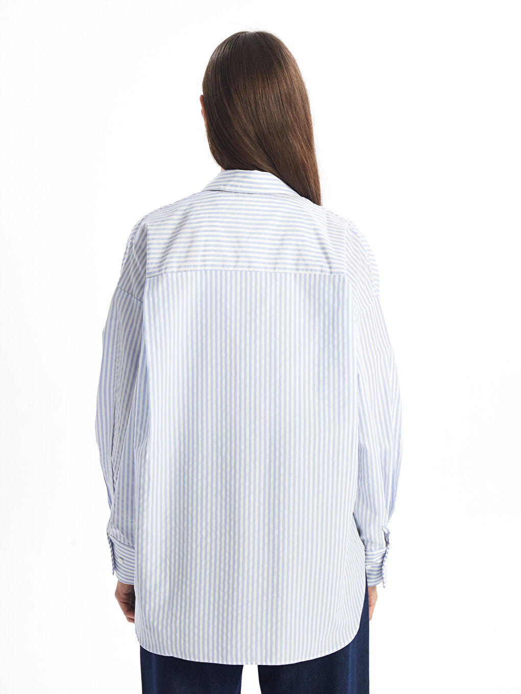 Mavi Çizgili Uzun Kollu Oversize Kadın Gömlek-3