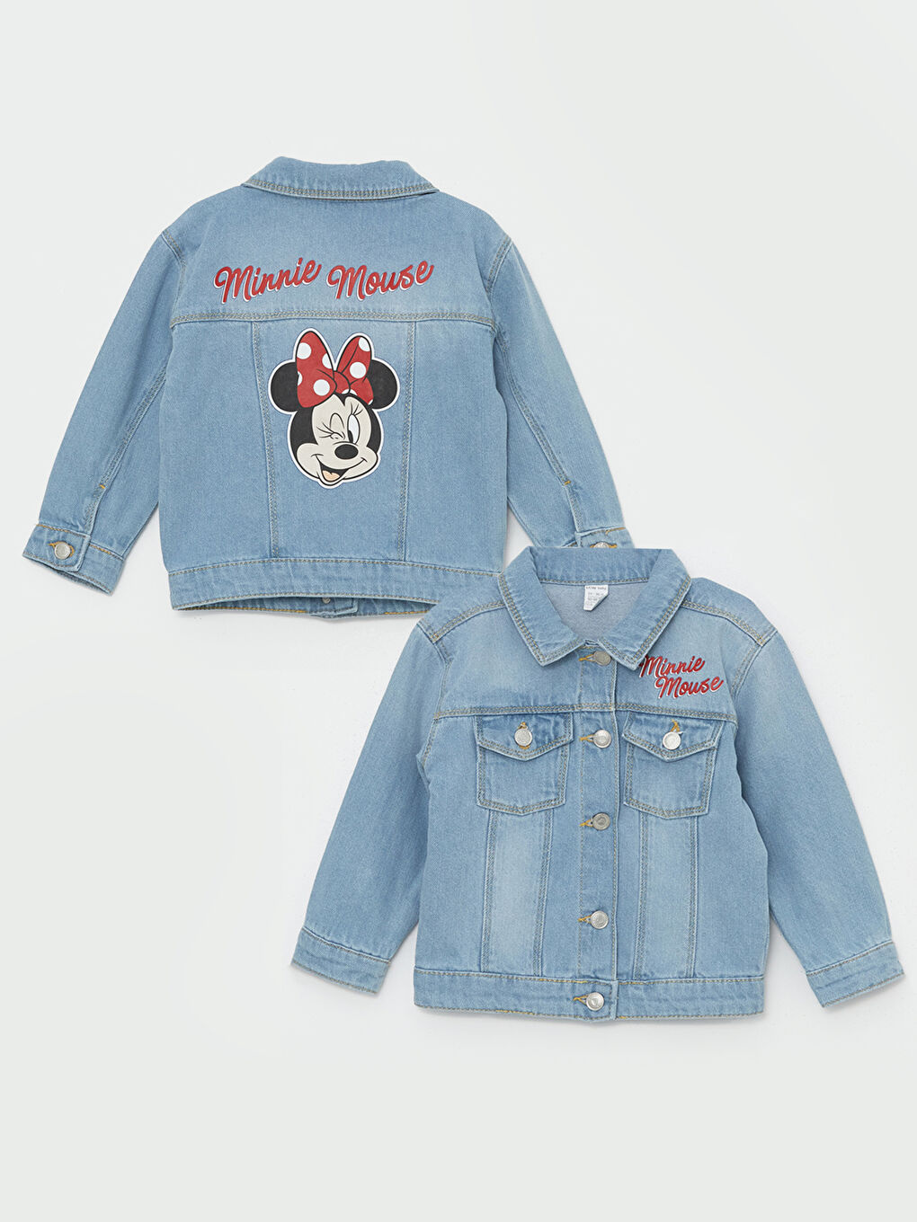 LCW baby Açık İndigo Rodeo Minnie Mouse Baskılı Kız Bebek Jean Ceket