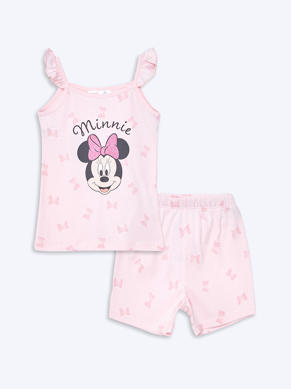 LCW baby Açık Pembe Baskılı Kare Yaka Askılı Minnie Mouse Baskılı Kız Bebek Şortlu Pijama Takım