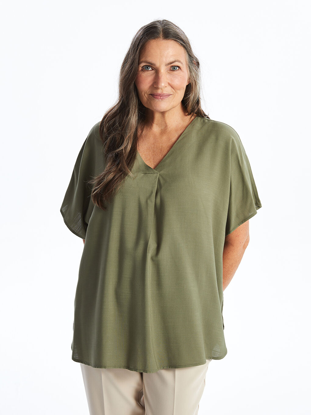 V Neck Straight Short Sleeve Women Blouse -S4OG52Z8-L5C