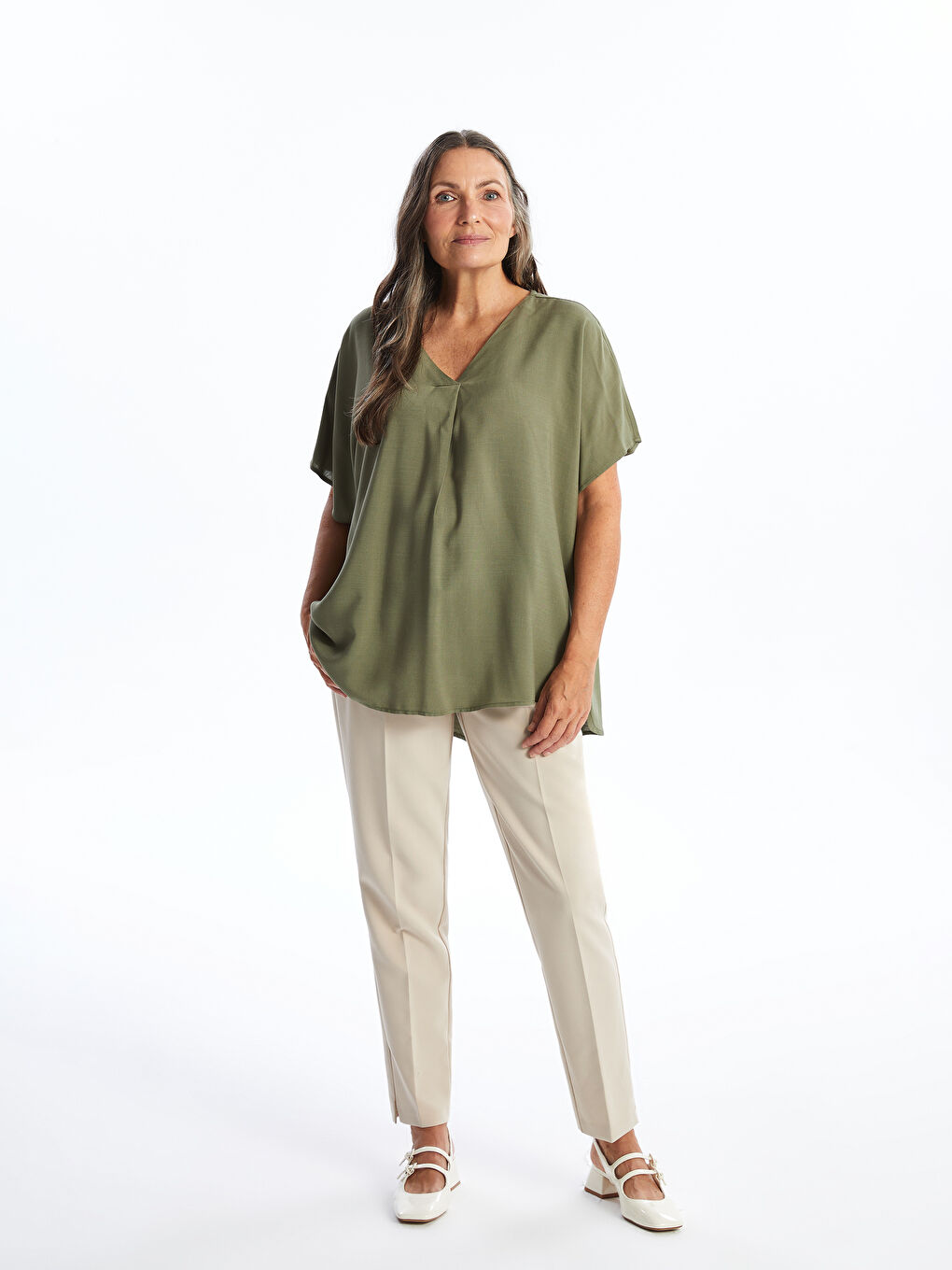 V Neck Straight Short Sleeve Women Blouse -S4OG52Z8-L5C