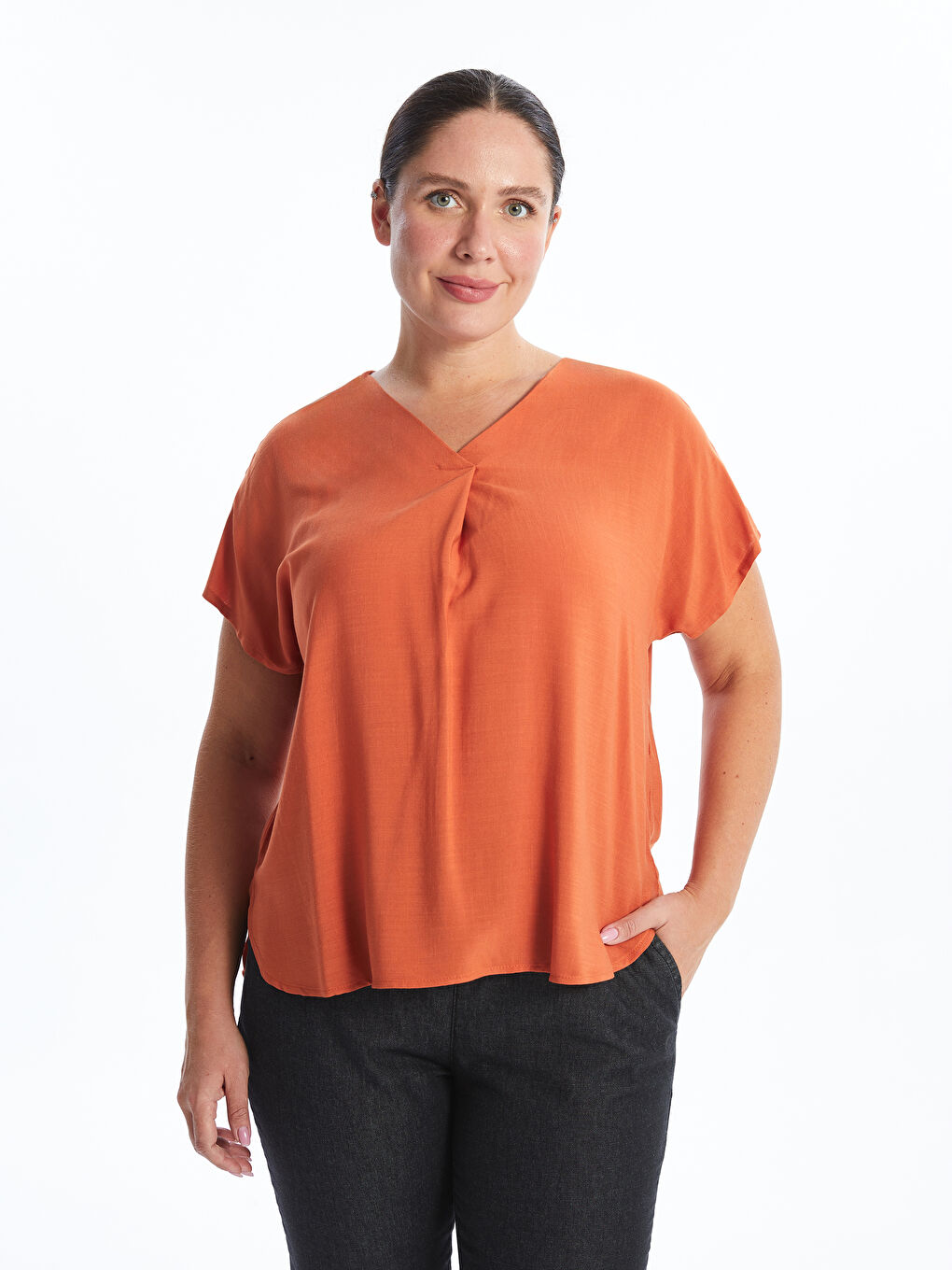 V Neck Straight Short Sleeve Women Blouse -S4OG52Z8-REV