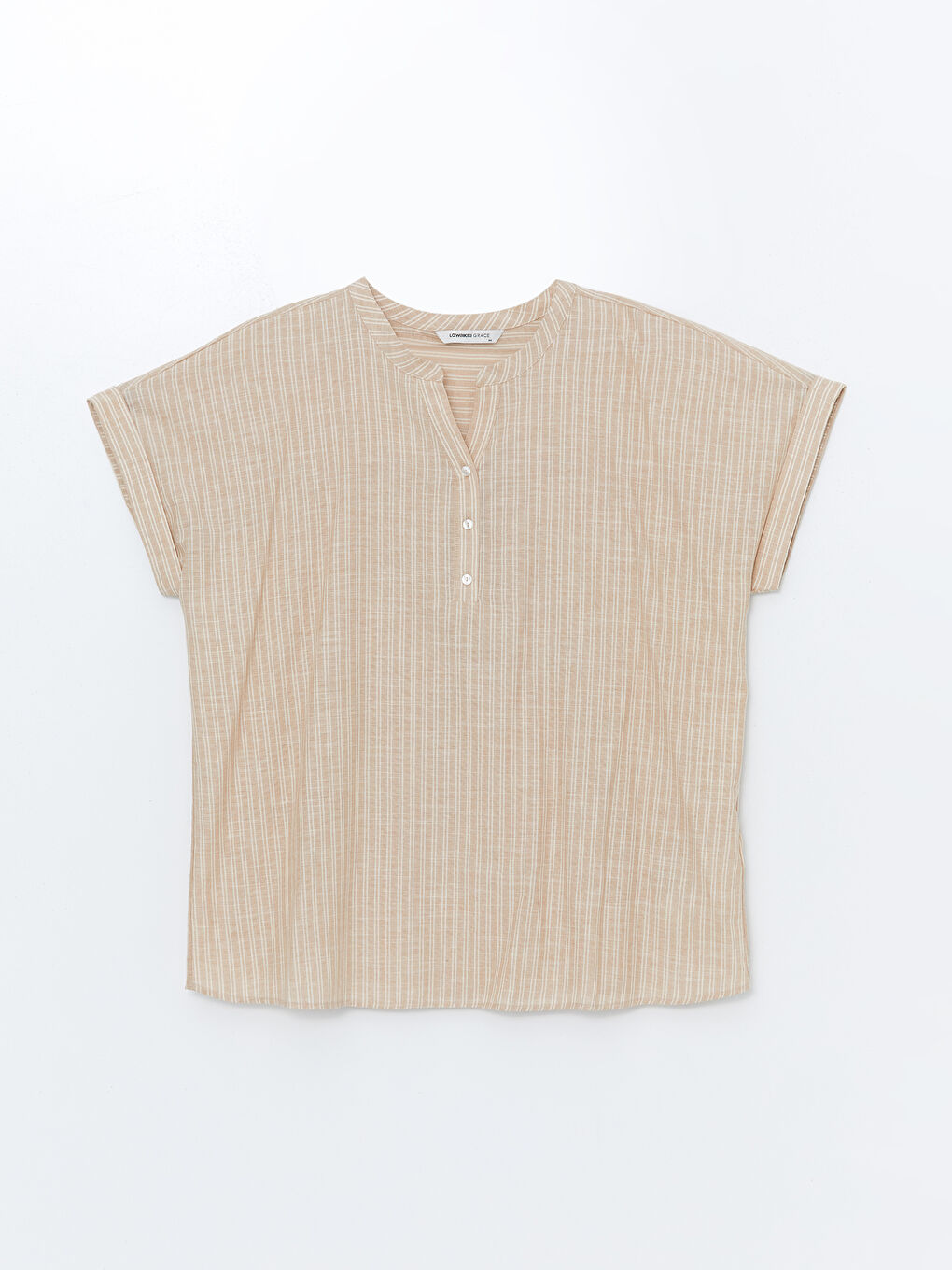 Bej Kaçık Yaka Çizgili Kısa Kollu Kadın Bluz-4