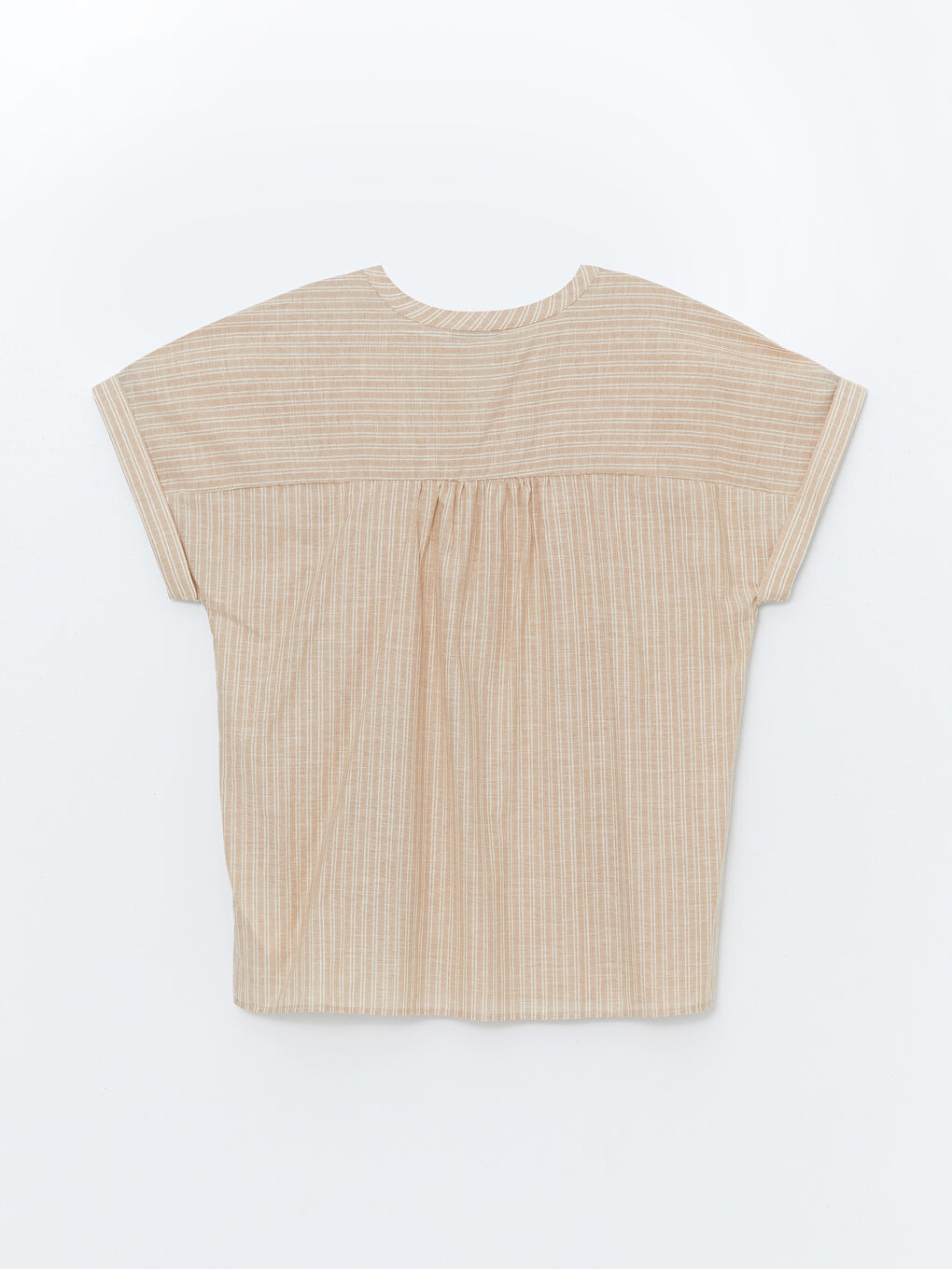 Bej Kaçık Yaka Çizgili Kısa Kollu Kadın Bluz-5