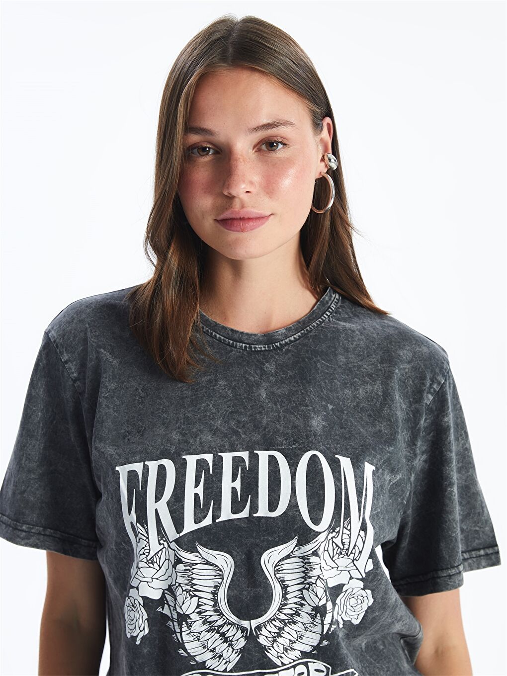 Antrasit Bisiklet Yaka Baskılı Kadın Tişört-2